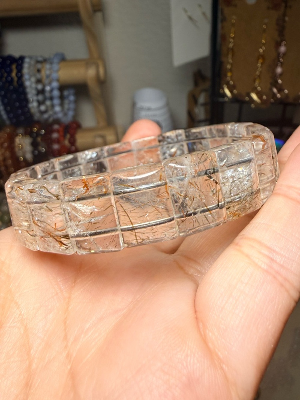 Rutilated Quartz Chunky Bangle Natural Gold Rutile Quartz Stretch Bracelet - Picture 1 of 5